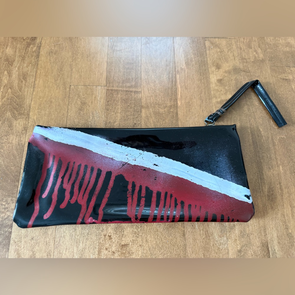 Hand-Painted Black Wristlet Clutch with Red and White Accent